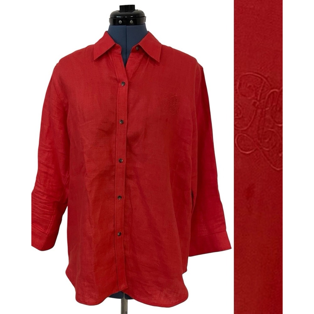 Lauren Ralph Lauren Red Linen‎ Blouse Embroidered RLL Quiet Luxury Preppy L